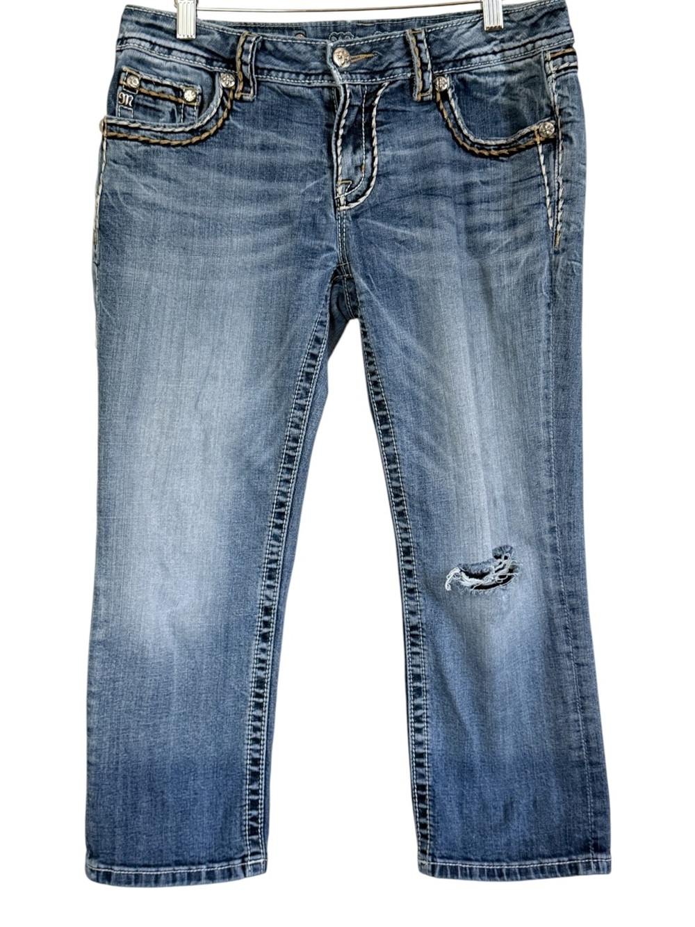 Miss Me Signature Cuffed Capri Jeans Womens 30 Rhinestone Flap Pocket Y2K